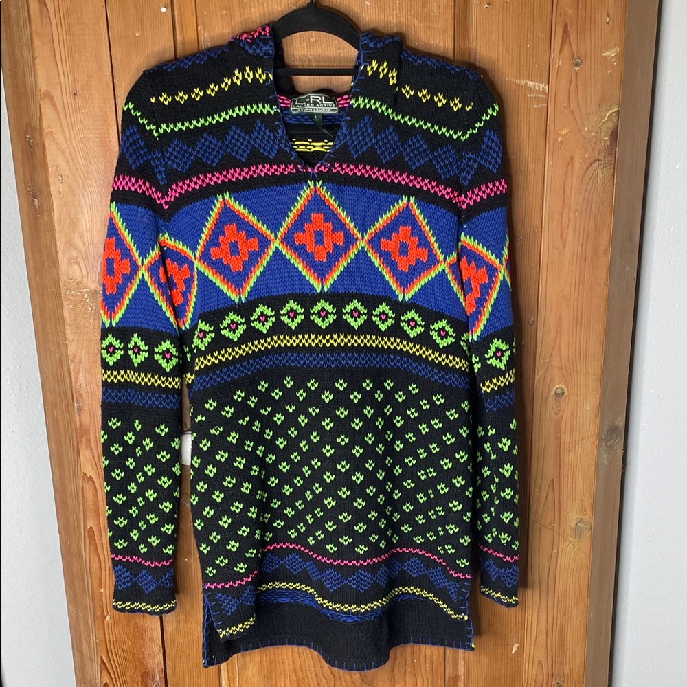 Vintage Ralph Lauren Active retro neon hoodie hand knit wool pullover sweater